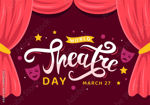 World Theatre Day Vector Illustration on March 27 with Mask and Red Curtains to Preserve Performing Arts and Entertainment in Flat Cartoon Background