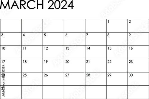 March 2024 month calendar. Simple black and white design photo