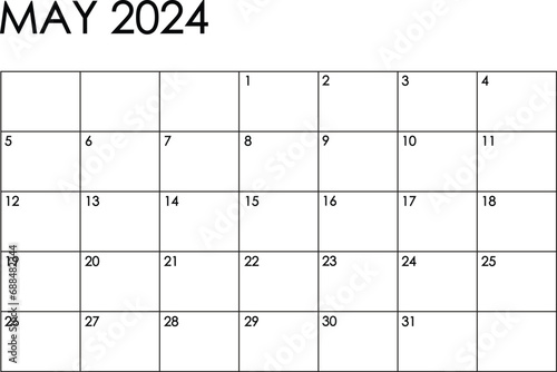 May 2024 month calendar. Simple black and white design photo