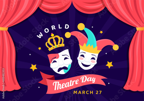 World Theatre Day Vector Illustration on March 27 with Mask and Red Curtains to Preserve Performing Arts and Entertainment in Flat Cartoon Background