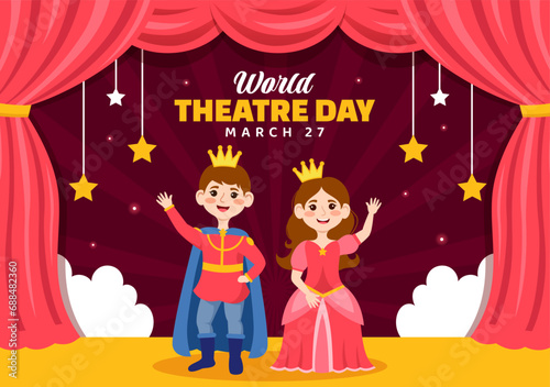 World Theatre Day Vector Illustration on March 27 with Mask and Red Curtains to Preserve Performing Arts and Entertainment in Flat Cartoon Background