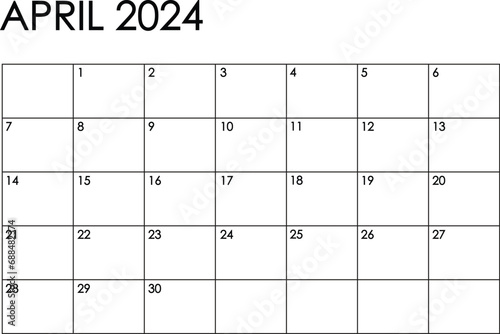 April 2024 month calendar. Simple black and white design