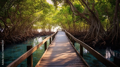 Wood bridge in mangrove forest. Explore nature. photo