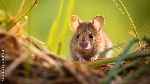 Wood mouse in front of a grass background