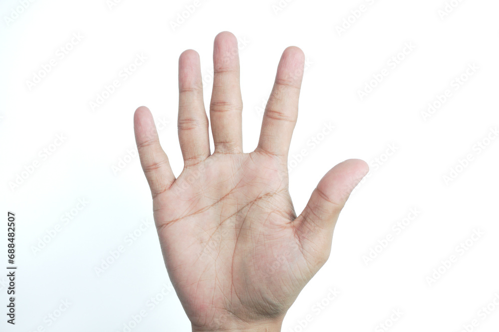 Female hand showing five fingers on a white background Female hand showing five fingers on a white background