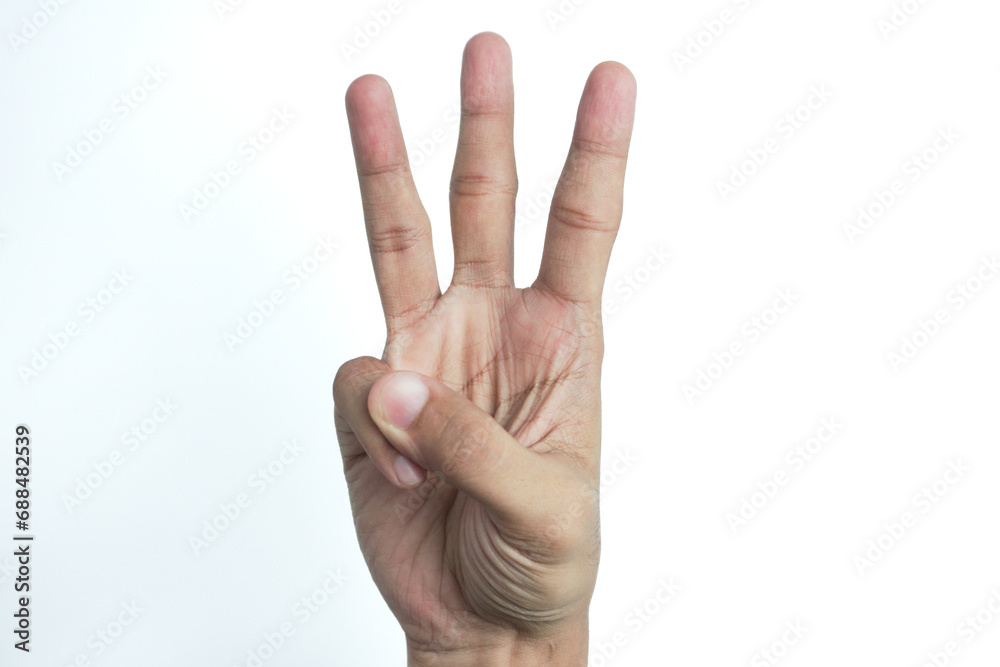 Hand of caucasian young man showing fingers over isolated white background counting number 3 showing three fingers - obrazy, fototapety, plakaty 