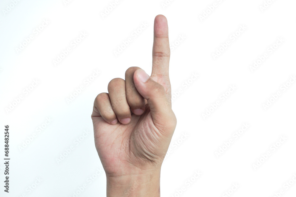 Adult male hand showing one finger up gesture isolated on white Adult male hand showing one finger up gesture isolated on white