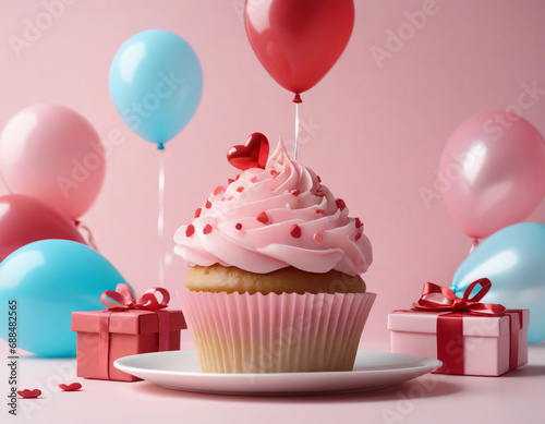 Sweet Celebration: Valentine's Day Cupcake with Gift and Balloons on Pink Background