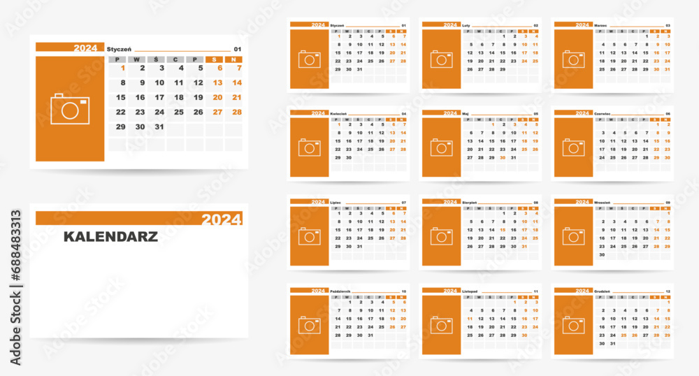 2024 calendar on polish language with polish holidays. Poland calendar