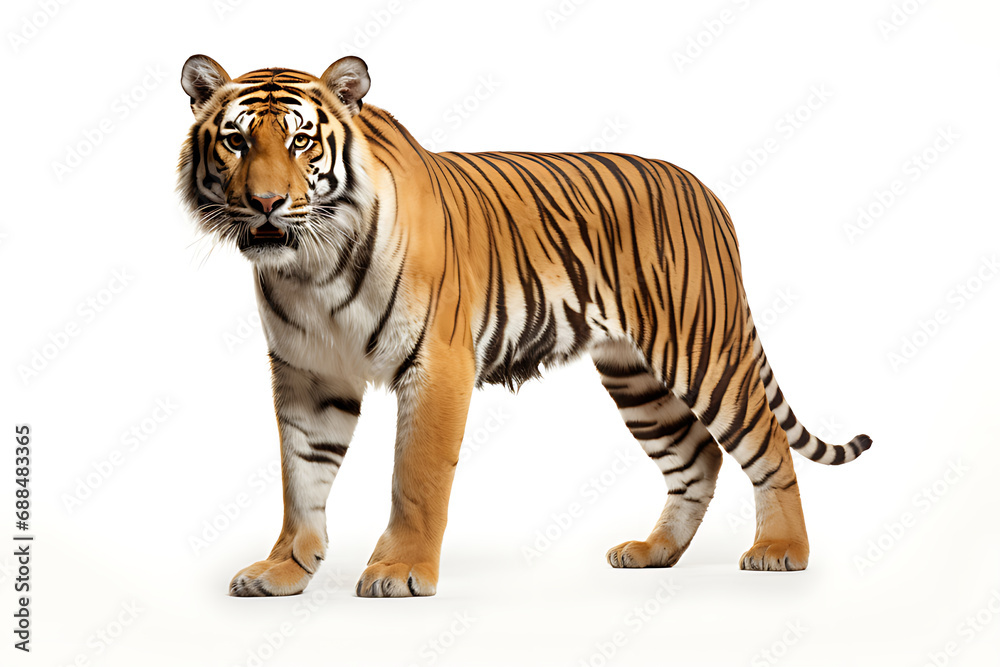 Tiger, isolated on white background. Tiger is staring at prey.