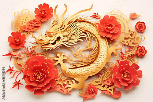 Chinese New Year or Happy New Year 2024, Year of the Dragon, golden dragon, Asian style composition illustration, golden paper cut on color background.