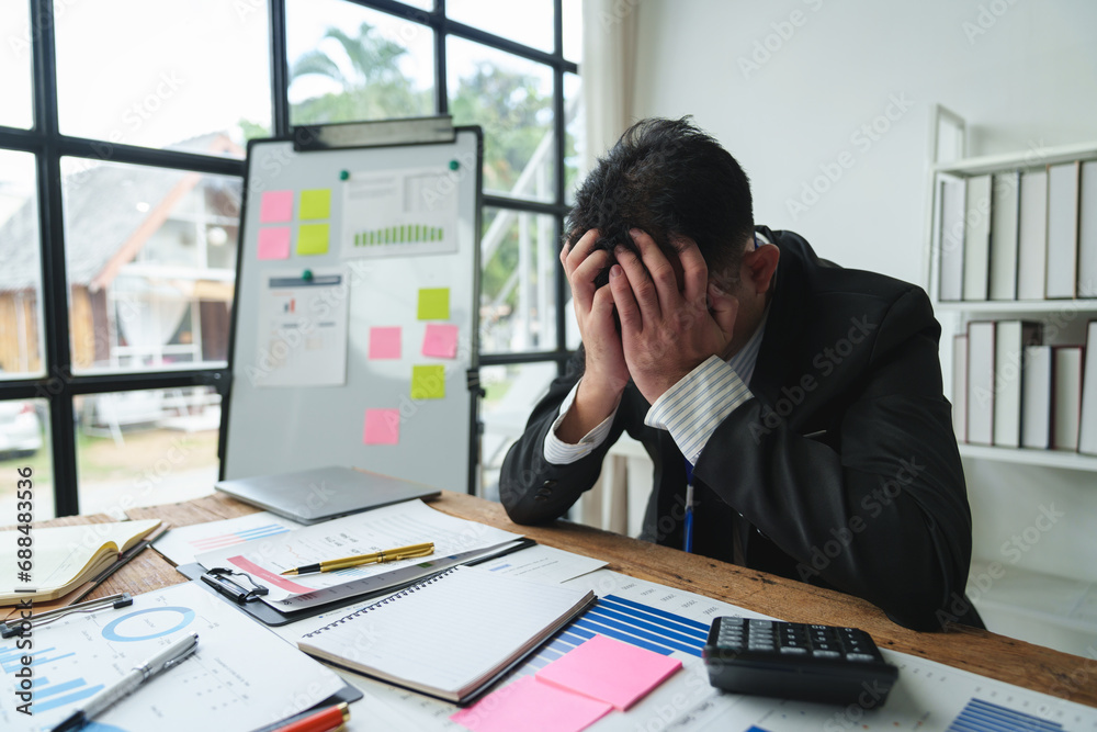 Businessman who is stressed out with paperwork and feels sick and tired while sitting in the office. Office syndrome concept. Businessman who is stressed out with paperwork and feels sick and tired while sitting in the office. Office syndrome concept.