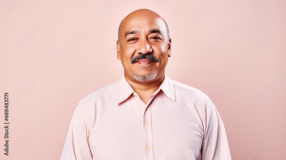 An elderly gentleman wearing a smile poses against a light pink backdrop in a studio. An elderly gentleman wearing a smile poses against a light pink backdrop in a studio.