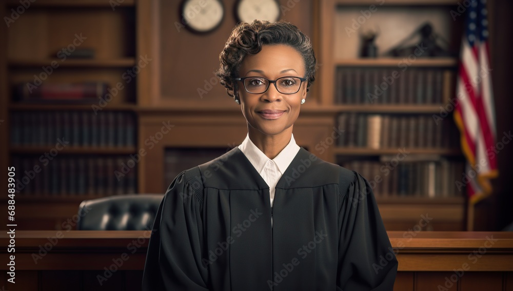 Fototapeta premium An elderly Black woman in a judicial robe stands in a courtroom with the American flag in the background.