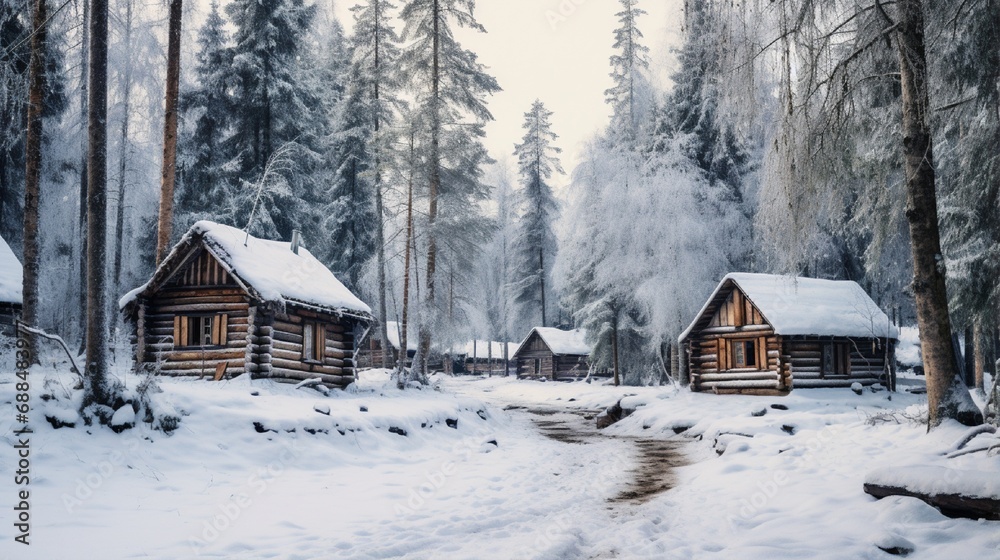 wooden huts on the background of a snowy forest in winter in cloudy weather