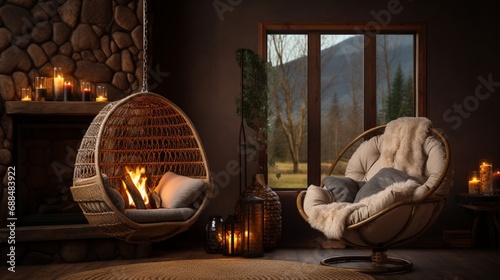 Wooden decorative fireplace, papasan chair and romantic bulbs light in holiday rural living room. photo