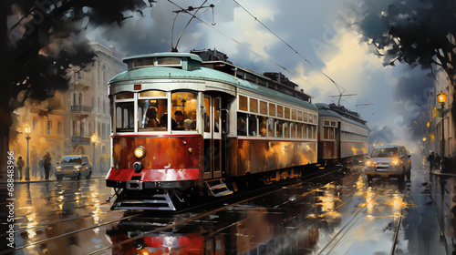 Old Red Tram On The High Street Oil Painting Background