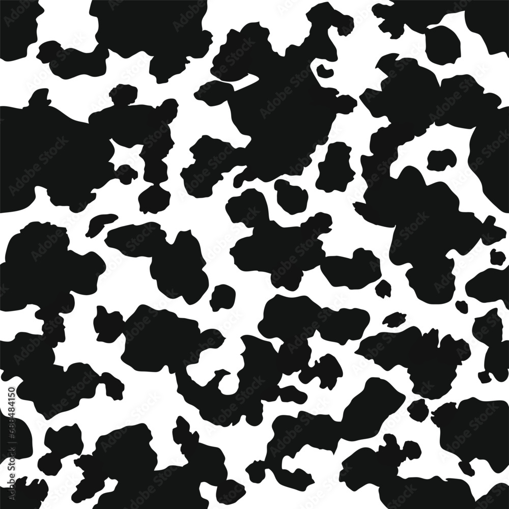 Seamless black and white cow spot print  pattern. Animal skin texture. Can be used for wallpaper, pattern fills, web page background, surface textures. Vector 