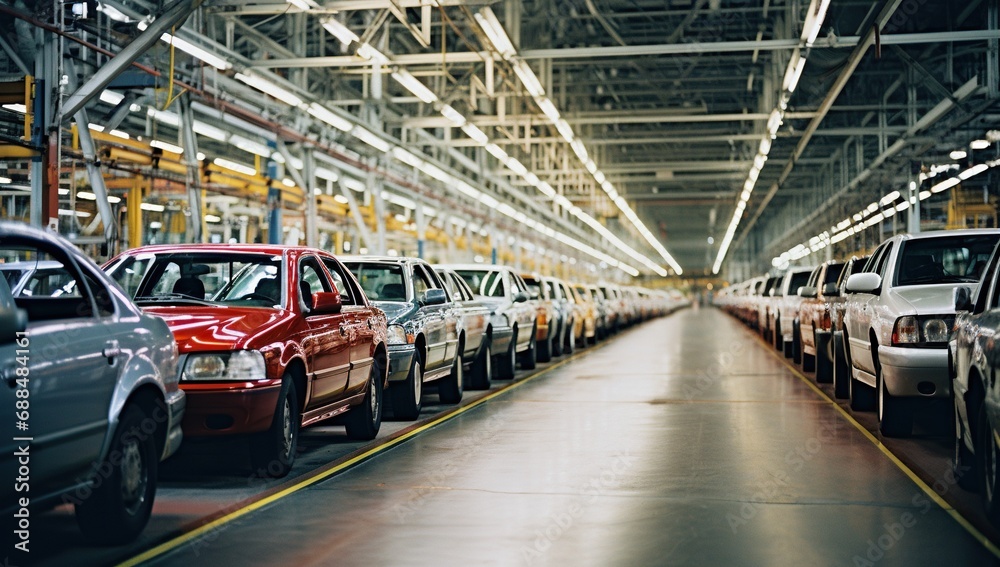 A car factory with rows of new cars, emphasizing industrial production and vehicles. A car factory with rows of new cars, emphasizing industrial production and vehicles.