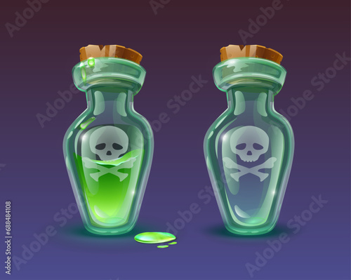 Vector cartoon style icon illustration. Glass bottle of green poison with corck and skull , empty and full.