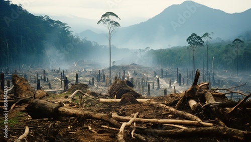 A deforested section in a tropical forest where a single tall tree stands out against a background of felled and charred trunks. photo