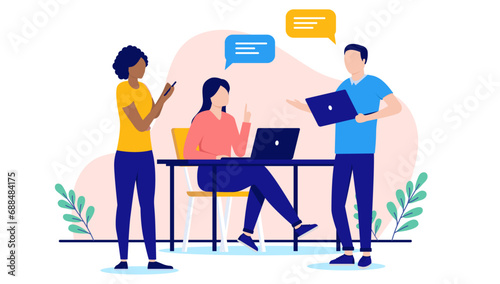 People working on computers - Three businesspeople in casual clothes using laptop, talking and discussing work together. Flat design vector illustration with white background