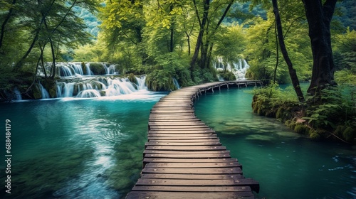 Wooden path and waterfall in Plitvice