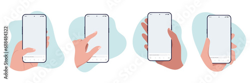 Mobile phones and hands mockup collection - Vector illustrations of smartphones with blank screen and human hand using touchscreen. Flat design isolated in soft shape frames on white background