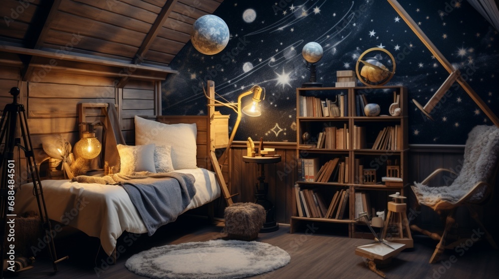 Fototapeta premium A celestial-themed reading nook with a telescope, constellation maps, and celestial decor for stargazing in comfort. 