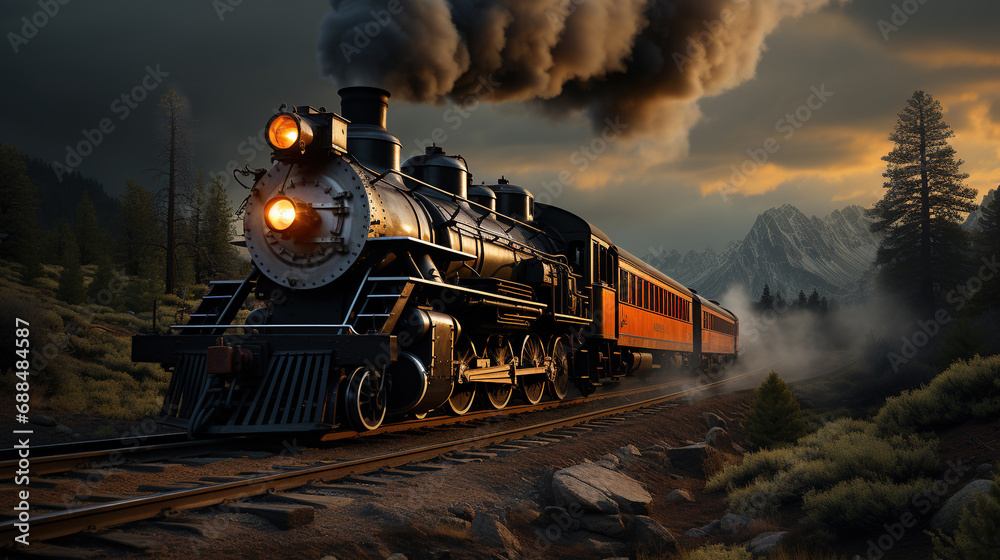 The Massive Steam Locomotive Belches Smoke And Steam As It Chugs Down The Tracks Its Steel Wheels Screeching Against The Rails Background