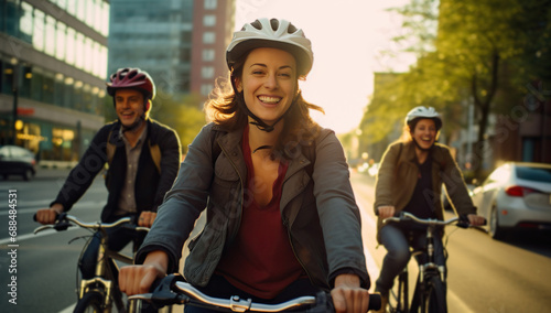 Young Caucasian adult woman with long hair, wearing a helmet, smiling while cycling on a city street, with friends in the background.