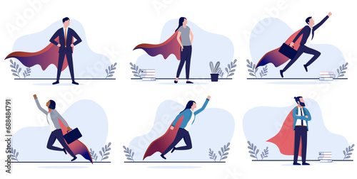 Successful business superheroes vectors - Collection of great businesspeople in cape, standing and flying. Achievement and triumph concept illustrations photo