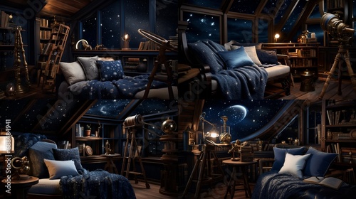 A celestial-themed reading nook with a telescope, constellation maps, and celestial decor for stargazing in comfort. 