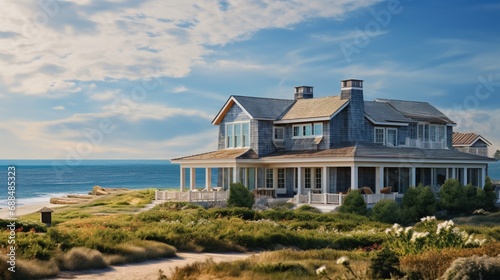 A coastal beach house exterior with weathered shingles, a wraparound porch, and panoramic ocean views for a relaxed and breezy atmosphere. 