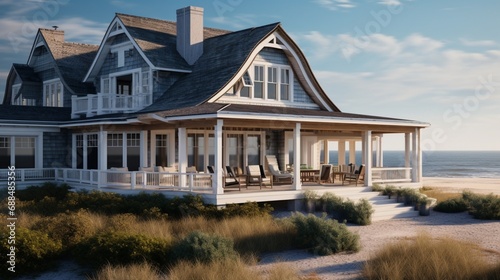A coastal beach house exterior with weathered shingles, a wraparound porch, and panoramic ocean views for a relaxed and breezy atmosphere.  © MuhammadHamza