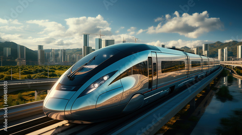 Modern Bullet Train Travel Through Metro City Background © AI Lounge