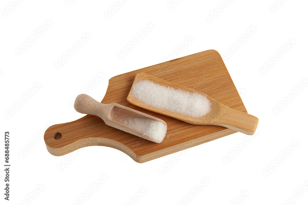 Msg powder on cutting board. Food additive E621. Monosodium salt of glutamic acid. Chinese salt, Flavor seasoning. Fifth taste, umami. Palatability enhancer