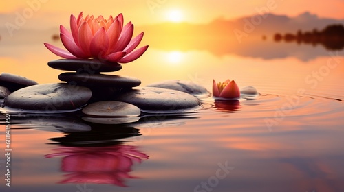 Zen Concept - Spa Stones And Waterlily In Lake At Sunset