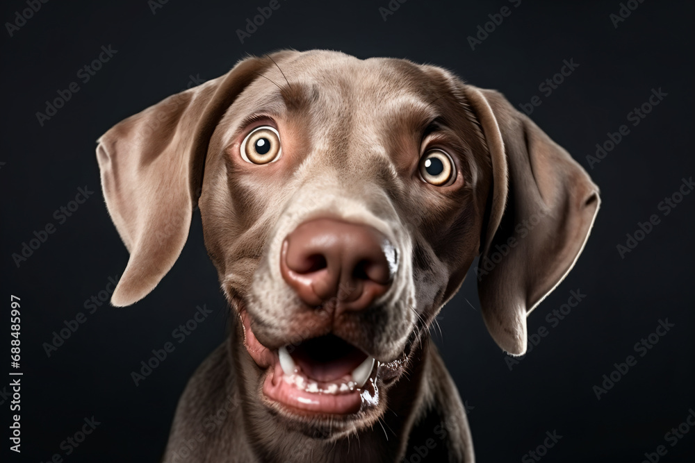 Studio portrait of an adorable weimaraner dog on black background.