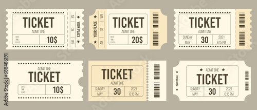 Ticket set icon, vector illustration in the flat style. Ticket stub isolated on a background. Retro cinema or movie tickets photo