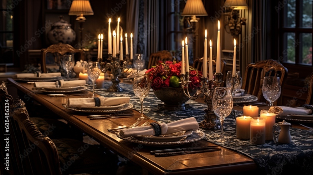 An elegant dining area with a long wooden table, adorned with candles and fine china, creating the perfect setting for a gourmet meal. An elegant dining area with a long wooden table, adorned with candles and fine china, creating the perfect setting for a gourmet meal.