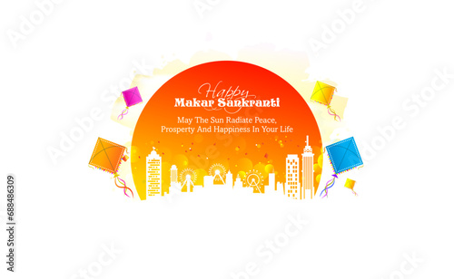 Indian festival Makar Sankranti poster. Colorful kites, City Skyline and sun rise background. photo