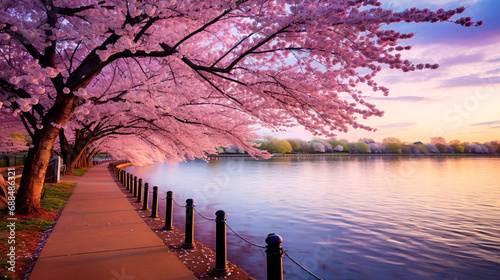 桜の背景、水辺に咲く満開のサクラの花の風景 photo