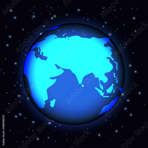 Vector World Globe Map. Asia, Europe, Africa, North America, South America, Australia, Antarctica. Eastern Asia, China, USA Centered Map. Blue Planet Sphere Isolated On Space and Universe Background.