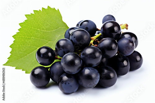 Black grapes with leaves isolated on white background.