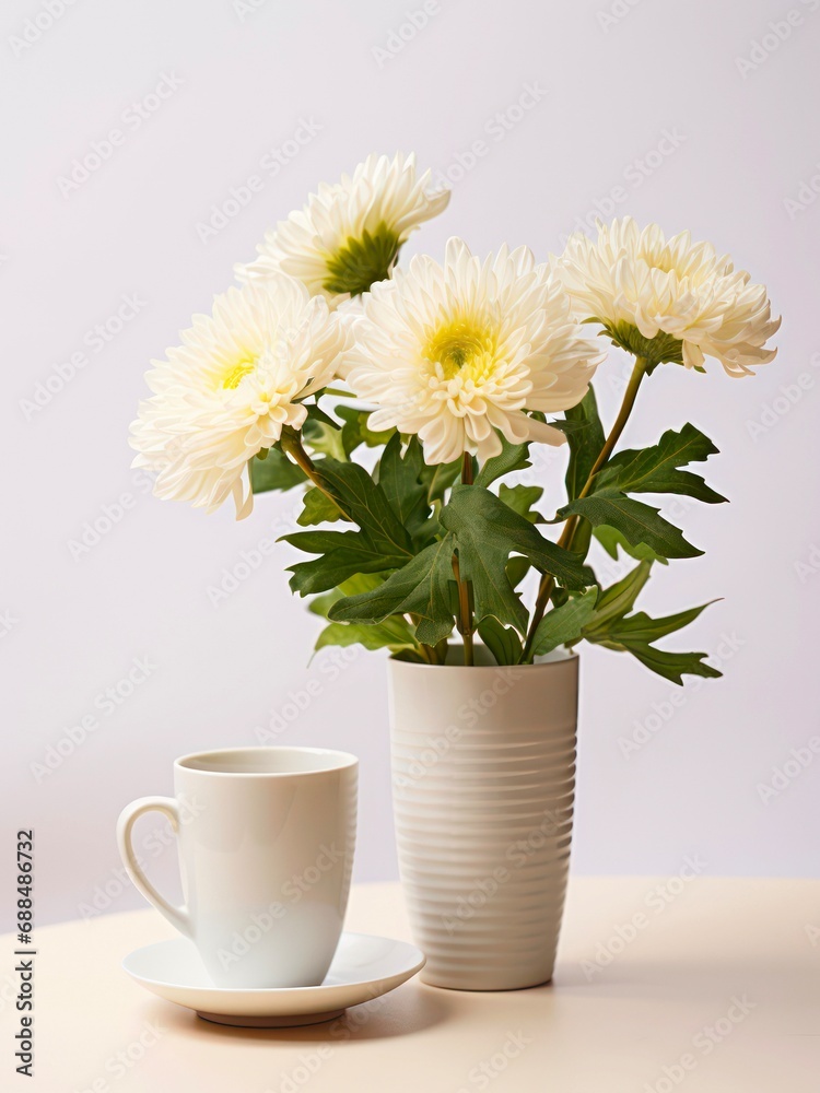 Cup of tea and bouquet of white chrysanthemums in a vase on white background.
