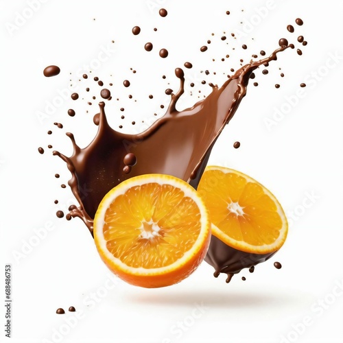 Orange in chocolate. Dark chocolate splash with orange and droplets isolated on white background, citrus, 3d rendering