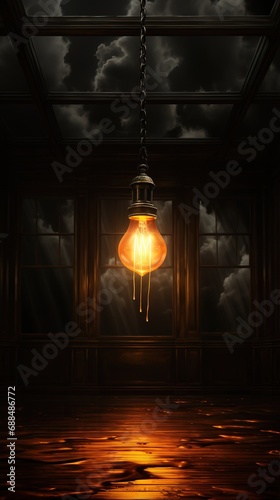 Old-fashioned chair with light bulb on a dark room