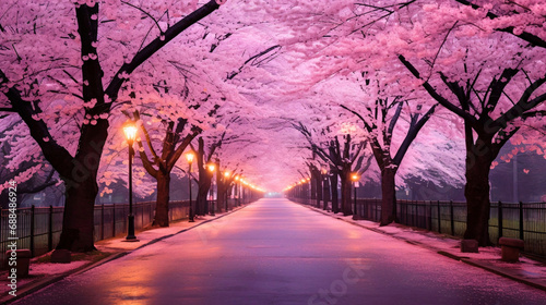 雨の桜並木、満開の桜と濡れた道の風景