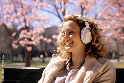 Young woman smiling happy using  headphones at the city Young woman listens to music, audiobook or podcast. Communication in social networks. Lifestyle